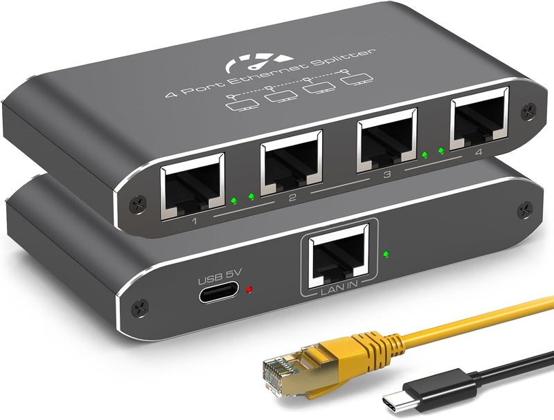 ATLAHET Ethernet Splitter 1 to 4 1000Mbps High Speed Internet Splitter, Gigabit Network Splitter with an Ethernet Cable and a USB Power Cable, 1 in 4 Out LAN RJ45 Splitter Work with Cat 6/7/8 Cable - Image 1